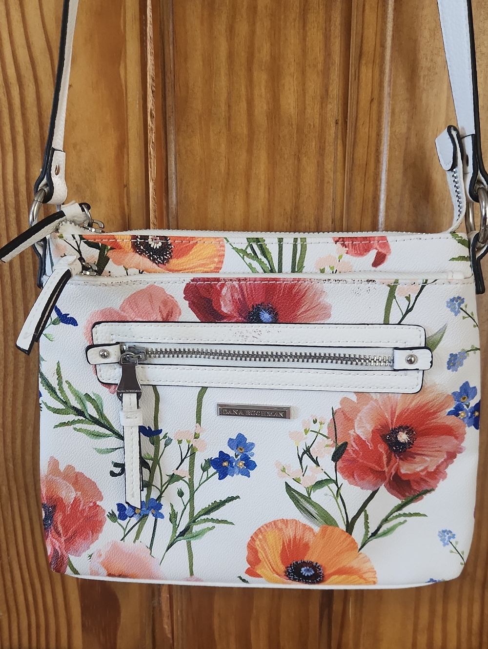Dana Buchman White Poppy Floral Crossbody Bag. Measurements In Pics.